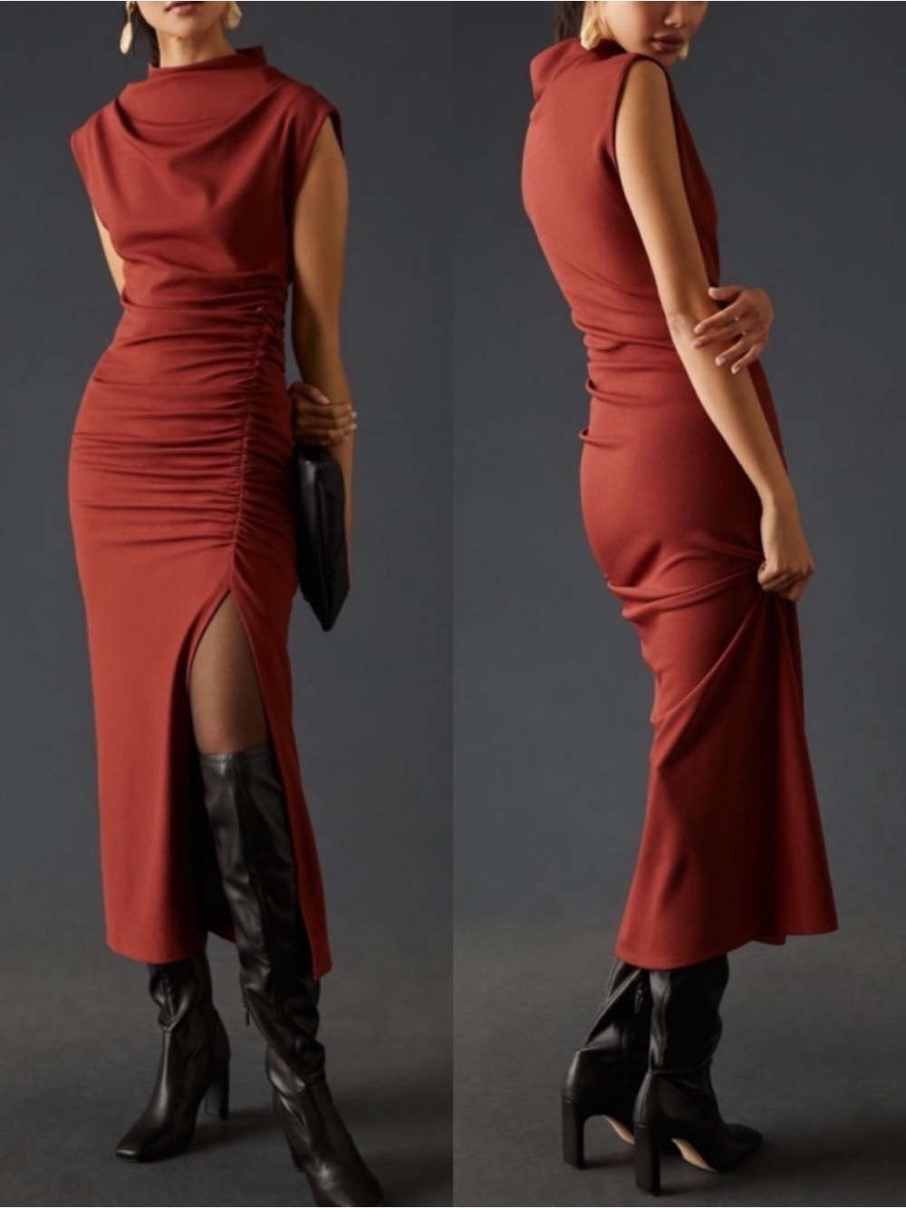 Anthropologie The Maya Ruched Cowl Neck Midi Dress Rust